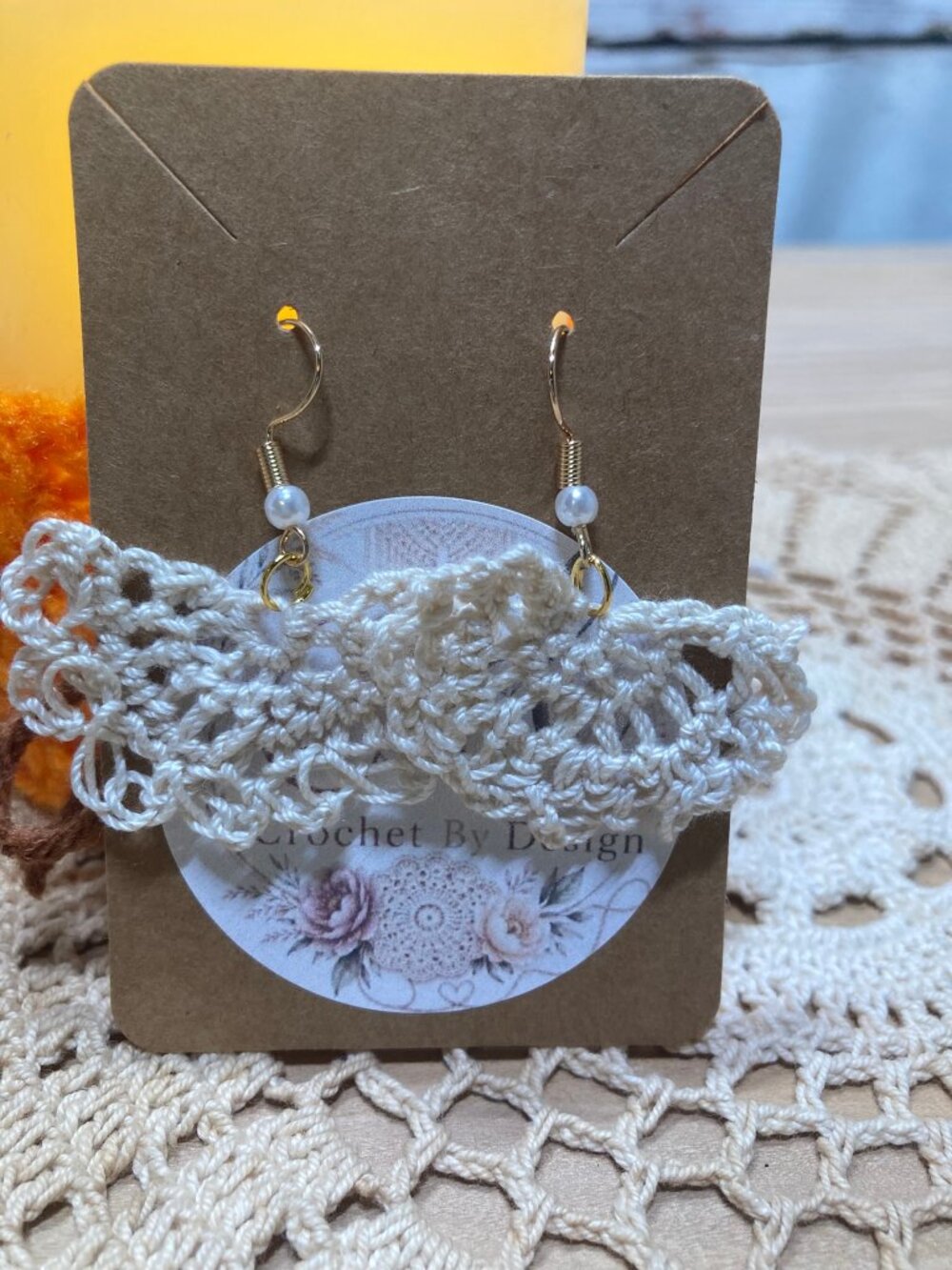 Handmade Crochet Lace Fan Dangle Earrings Cream Gold